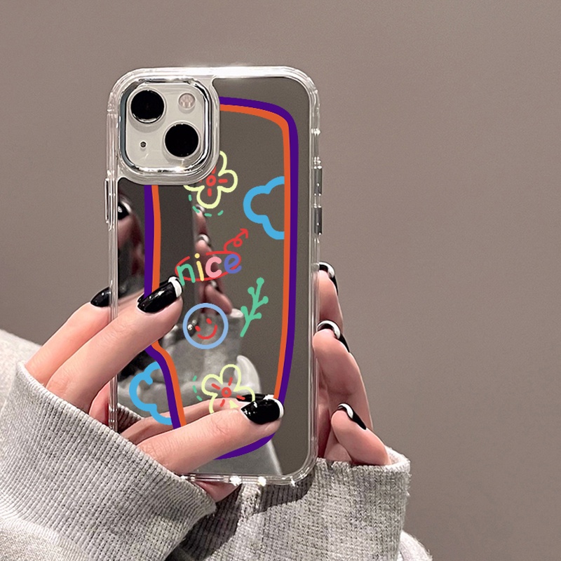 IPHONE Casing Ponsel Cermin Graffiti Kompatibel Untuk Iphone11 12 13 14 12Pro 13Pro 14Pro Pro Max XR X XS Max Electroplating Tombol Perlindungan Mirror Cover