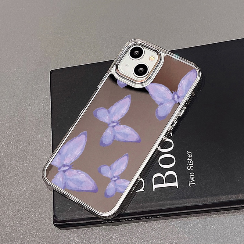 IPHONE Casing Ponsel Cermin Kupu-Kupu Ungu Kompatibel Untuk Iphone11 12 13 14 12Pro 13Pro 14Pro Pro Max XR X XS Max Electroplating Tombol Perlindungan Mirror Cover