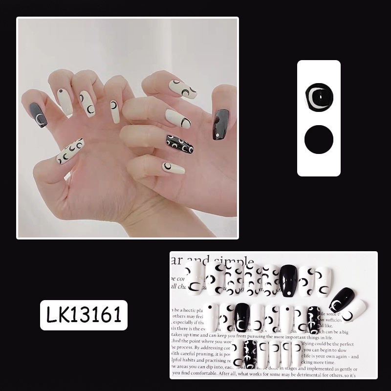 13161 24biji Warna Hitam Dan Putih Pola Bulan Melompat Dipakai Manicure Patch Glossy Nail Patch Kuku Palsu Patch Wearable Finishing Nail Art