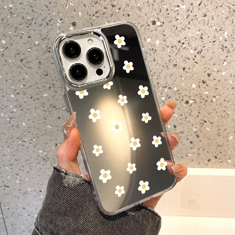 IPHONE Casing Ponsel Cermin Daisy Kecil Kompatibel Untuk Iphone11 12 13 14 12Pro 13Pro 14Pro Pro Max XR X XS Max Electroplating Tombol Perlindungan Mirror Cover