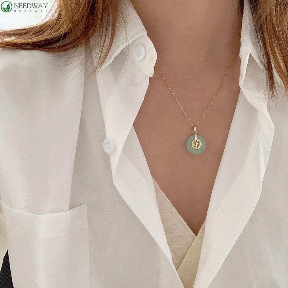 NEEDWAY Kalung Giok Kepribadian Retro Kuno Safety Buckle Perhiasan Hadiah Karakter Cina Berkah Gaya Cina Kalung