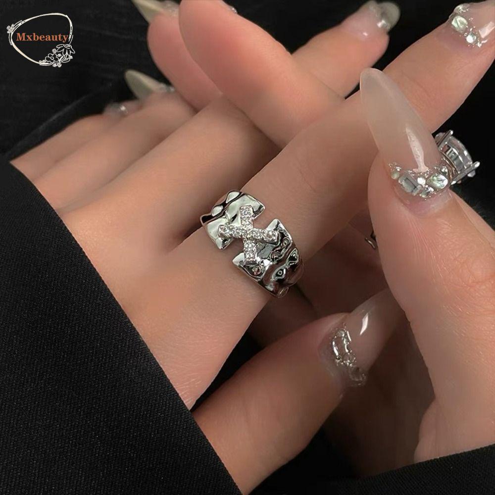 MXBEAUTY Wanita Cincin Geometris Dapat Disesuaikan Salib Sederhana Kepribadian Bintang Mengkilap Hadiah Hari Valentine Punk Jari Gesper