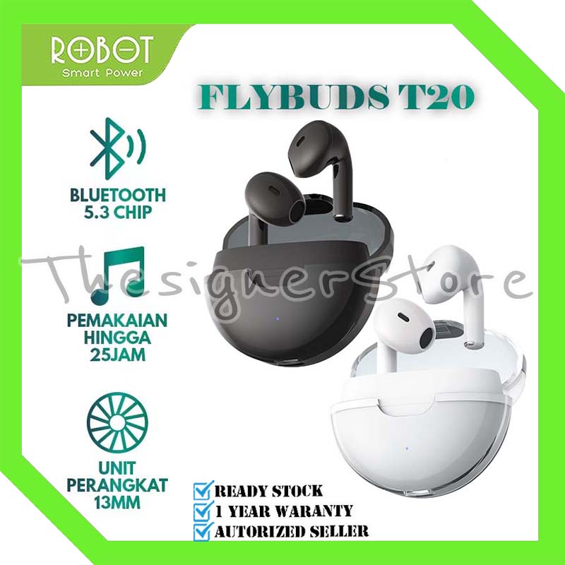 TWS Robot T20 Flybuds Wireless Earphone Bluetooth 5.3 Original  - Garansi Resmi 1 Tahun