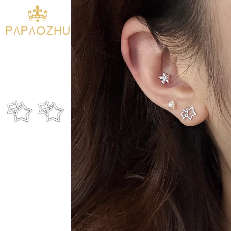 Papaozhu Korea S925 Perak Lucu Berongga Double Star Stud Earrings Untuk Wanita Perempuan Trendi Kecil Geometris Anting-Anting Hypoallergenic Telinga Perhiasan Aksesoris