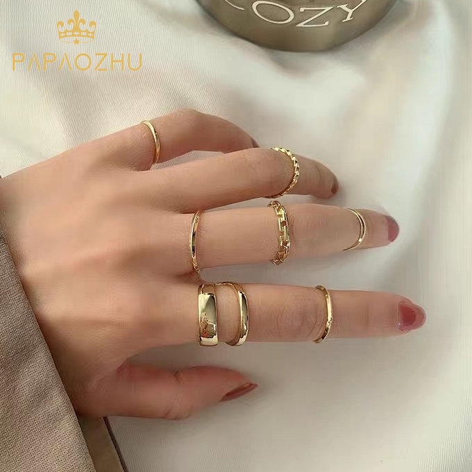 Papaozhu 7PCs Vintage 14K Emas Geometris Knuckle Rings Set Untuk Wanita Perempuan Susun Jari Rings Perhiasan