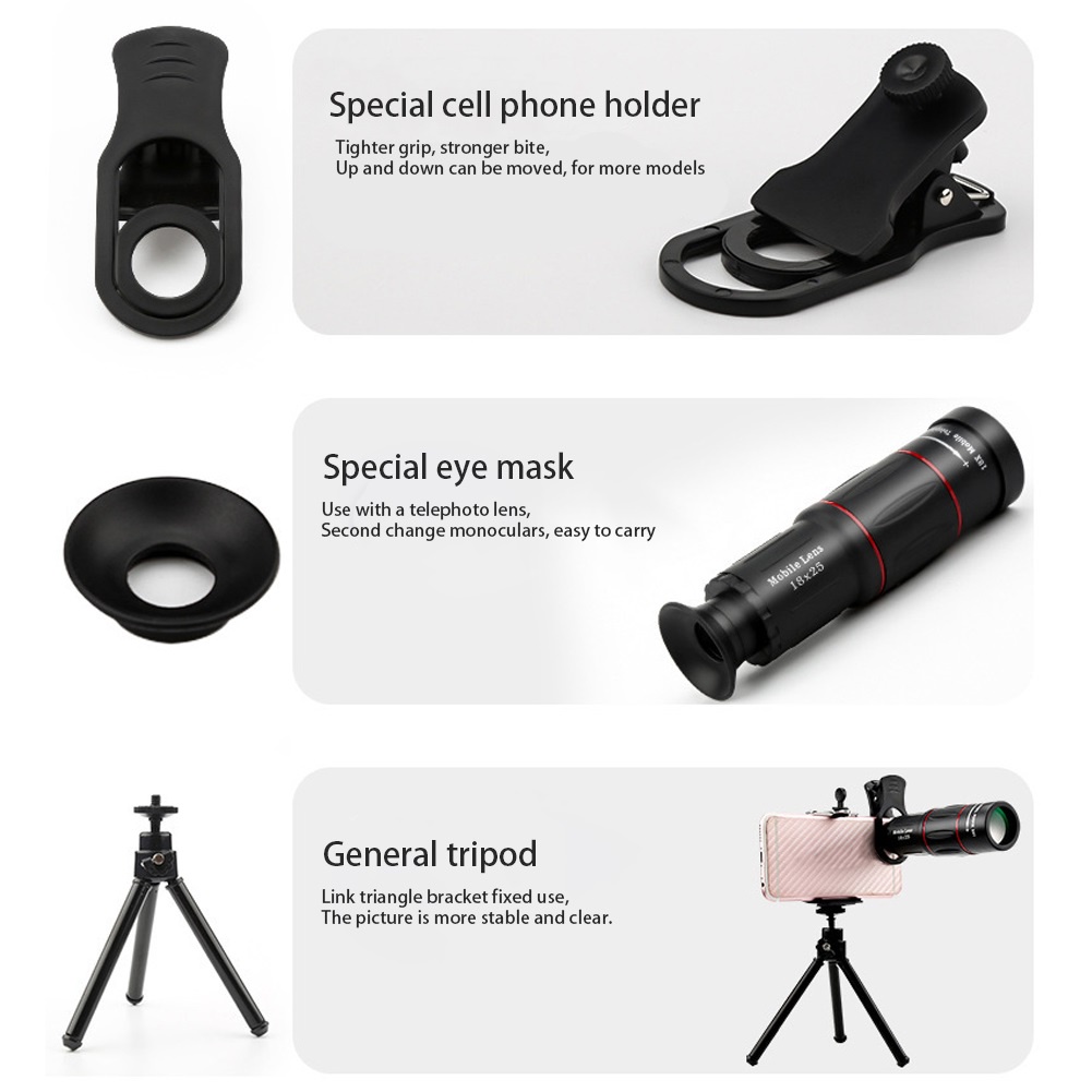 18X Ponsel Lensa Tele Zoom Optik Klip Universal Pada Konser Dengan Tripod HD