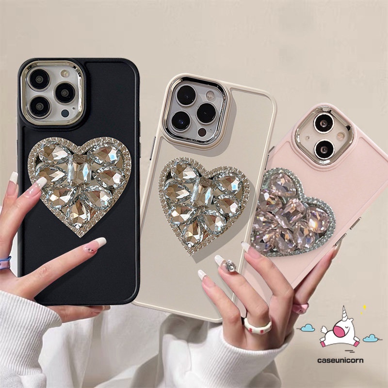 Casing Ponsel Bingkai Lensa Logam Plating Sederhana Kompatibel Untuk IPhone 7plus XR X11 13 14 12 11 Pro Max7 8 Plus XS MAX Mewah Warna Macaron Cinta Hati Berlian Holder Bracket Soft Cover