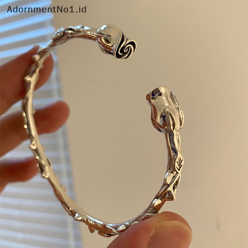 [AdornmentNo1] Warna Silver bunga mawar keren gelang pembukaan Bangle Vintage sederhana kepribadian kreatif Chic pesta perhiasan untuk wanita hadiah