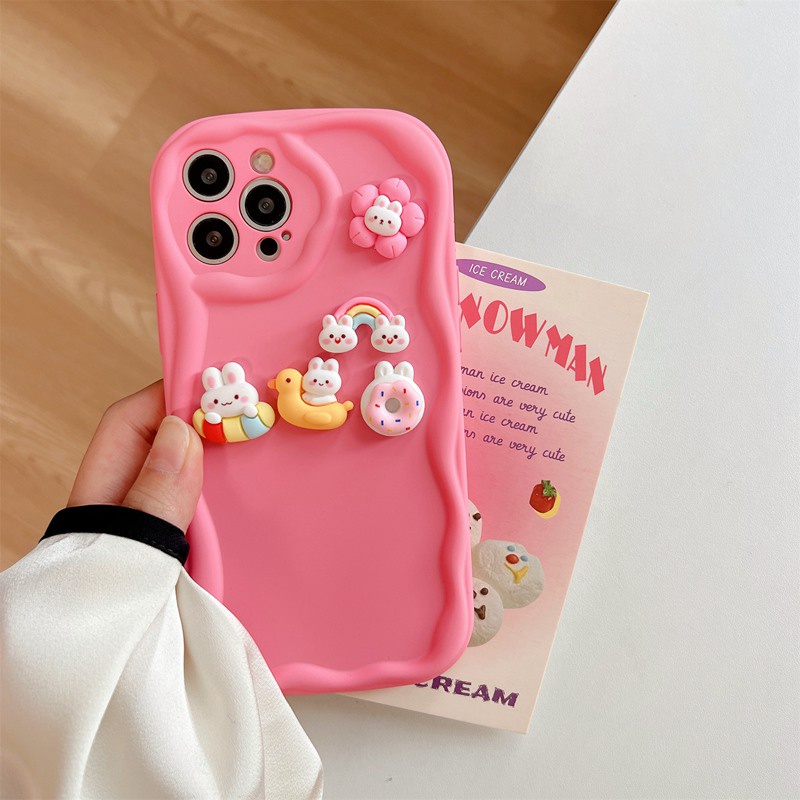 Macaron Pink Wave Rainbow Bunny Soft Silicon Case HP iP iPhone 6 6S 7 8 14 + Plus SE 2020 2022 X XS XR 11 12 13 Pro Max Girl Woman Casing