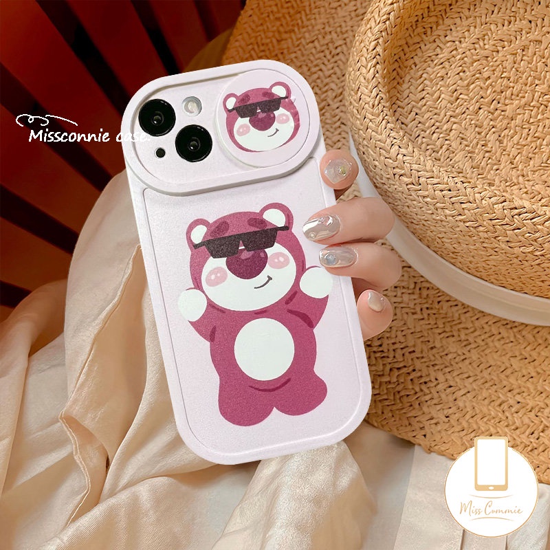 Cute Strawberry Bear Lotso Case Compatible for iPhone 11 XR 7Plus 13 12 11 Pro Max 8Plus X XS Max Cartoon Funny Dinosaur Push Pull Window Camera Lens Protector Soft Cover