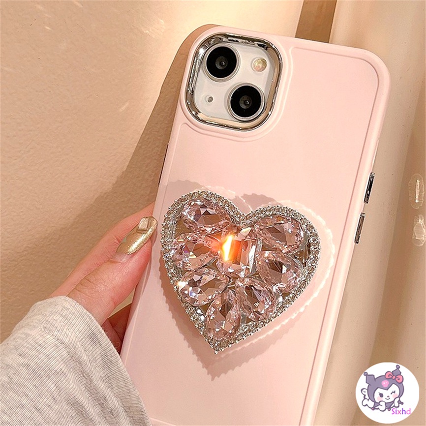 Compatible For iPhone 11 14 13 12 Pro Max 8 7Plus X Xs Xr Xs Max SE2020 Electroplated Lens Frame Protection Ins Pink Love Diamond Fashion Phone Case+Bracket Soft Anti Drop Cover