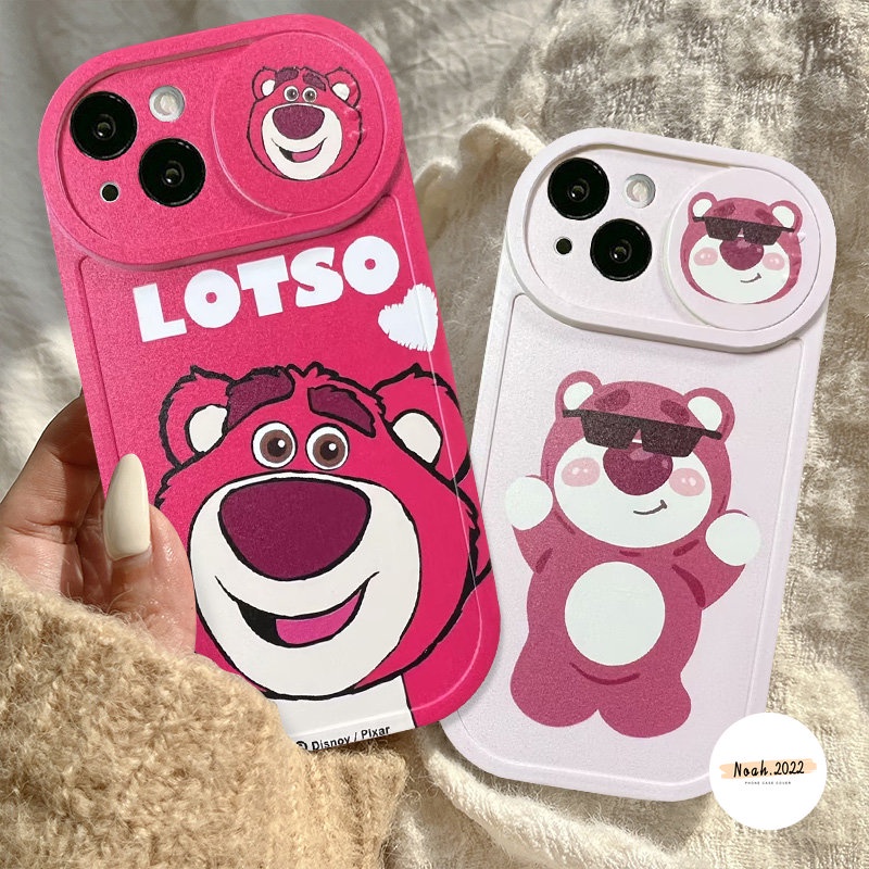 Cute Cartoon Disney Strawberry Bear Lotso Case Compatible for IPhone 7Plus 8Plus 11 Pro Max XR X XS Max 13 12 Pro Max Creative Push Pull Window Camera Lens Protector Cover