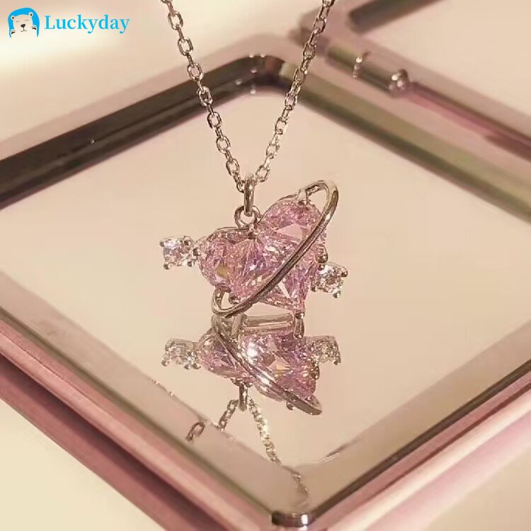 Yeezii Kalung Rantai Hati Batu Permata Pink Elegan Liontin Kristal Fashion Untuk Aksesoris Perhiasan Wanita