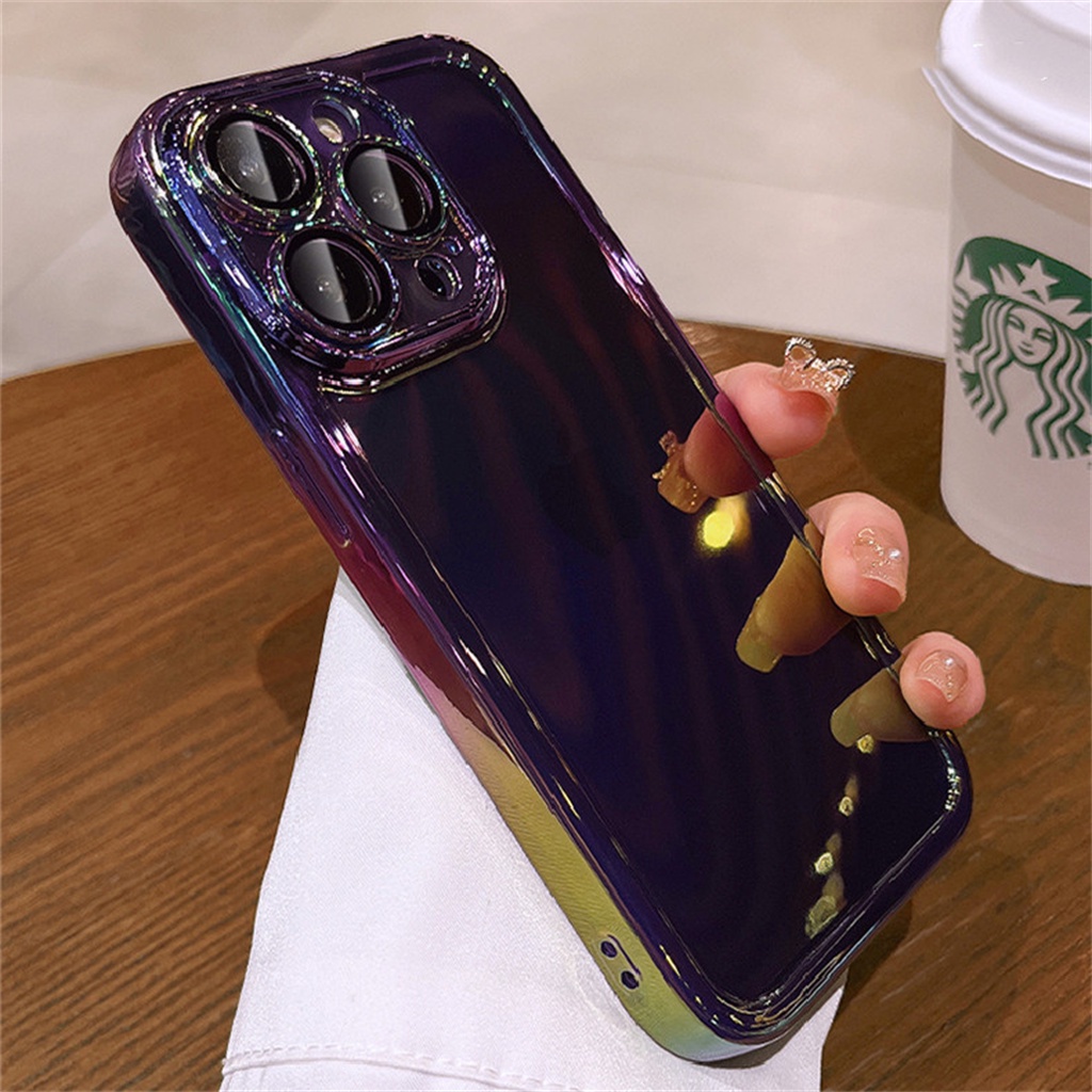 Casing lensa pelindung kamera mewah Casing iPhone 14 Pro Max 14 plus iPhone 12 13 Pro Max Premium gradien laser transparan perlindungan guncangan soft case