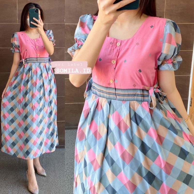 ORI SOLO GROSIR DASTER  TERBARU BUSUI CHIBI SERUT LENGAN PUFF PENDEK BATIK TARTAN