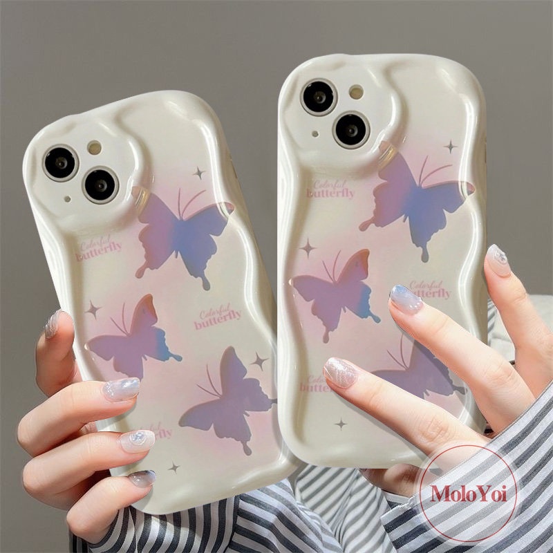 3D Wavy Curved Edge Case Compatible for IPhone 7 6s 6 8 Plus 11 12 14 13 Pro Max XR XS X Max SE 2020 INS Korean Glitter Fantasy Butterfly Case with Pearl Chain Lanyard Cover