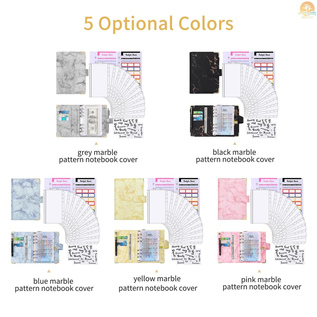 In Stock A6 Pengikat Budget Motif Tekstur Marmer PU Leather Notebook Cover Zipper Amplop Label Stiker Penggaris Digunakan Sebagai Sistem Organizer Uang Tagihan Money Card Saving Planner