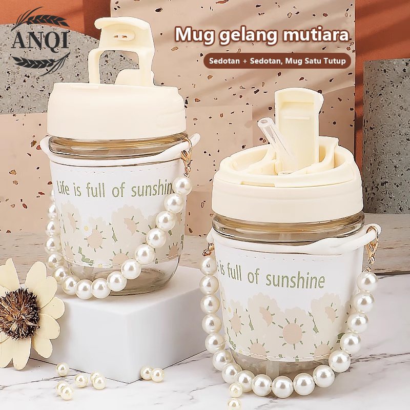 ANQI 1888 Botol Minum Kaca /  Botol Aesthetic Tali Mutiara / Tumbler Korea Botol Travel Tali Dan Sedotan VS-345