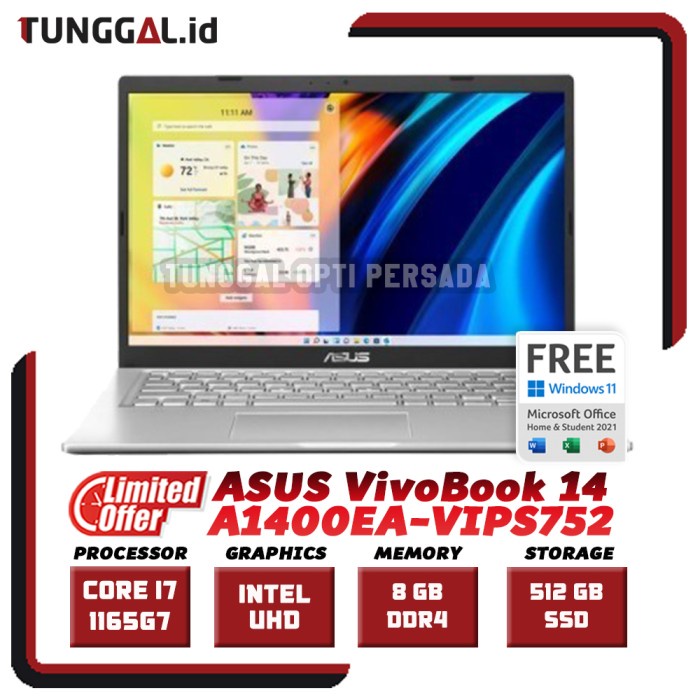 LAPTOP ASUS VivoBook 14 VIPS752 INTEL i7 14" FHD 8GB 512GB W11+OHS