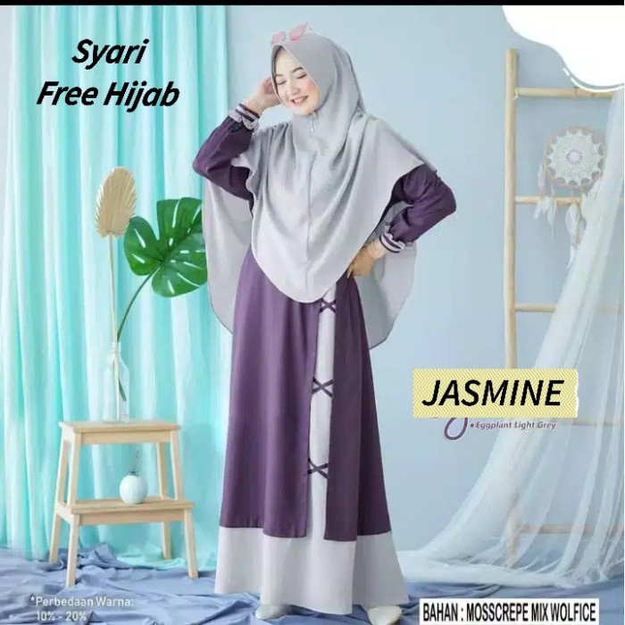 New Diskon Style Jasmine-Gamis Wanita Syari Polos Busui M L XL Warna Abu Muda Ungu Tua - Hijab Plos 