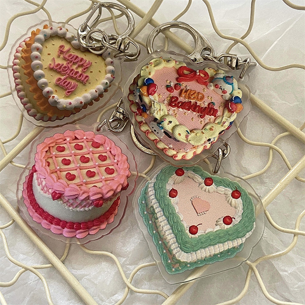 Kreatif Hati Kue Akrilik Gantungan Kunci Vintage Happy Birthday Keyrings Ransel Ritsleting Liontin Hias Aksesoris Hadiah