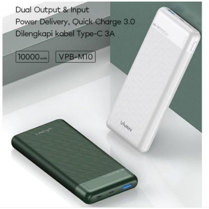 VIVAN PowerBank 10000mah VPB-M10 18W 3 Output Dual Input Port Type C Garansi Resmi 18 Bulan