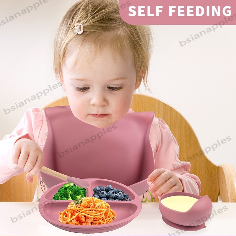 5 Buah Mangkok Piring Sendok Bib Cup Silikon Bayi Set Anak-anak Non Slip Peralatan Makan Bayi