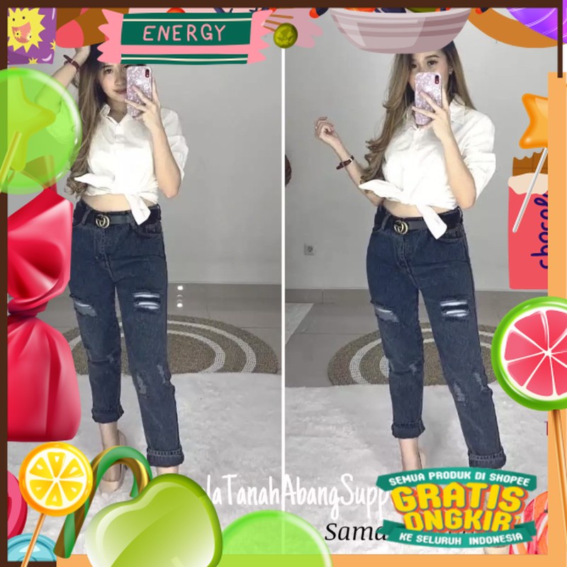 Celana Jeans Boyfriend Samanta Snow Black / Boyfriend Sobek Lapis/ Merah Pink Hijau Ungu Biru Hitam 