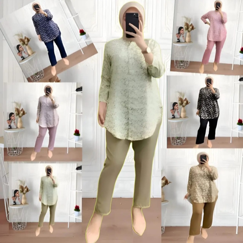 SET BUNGA COMBI CELANA POLOS SETELAN BAJU MOTIF BUNGA SETELAN WANITA TERBARUMOTIF BUNGA CELANA POLOS