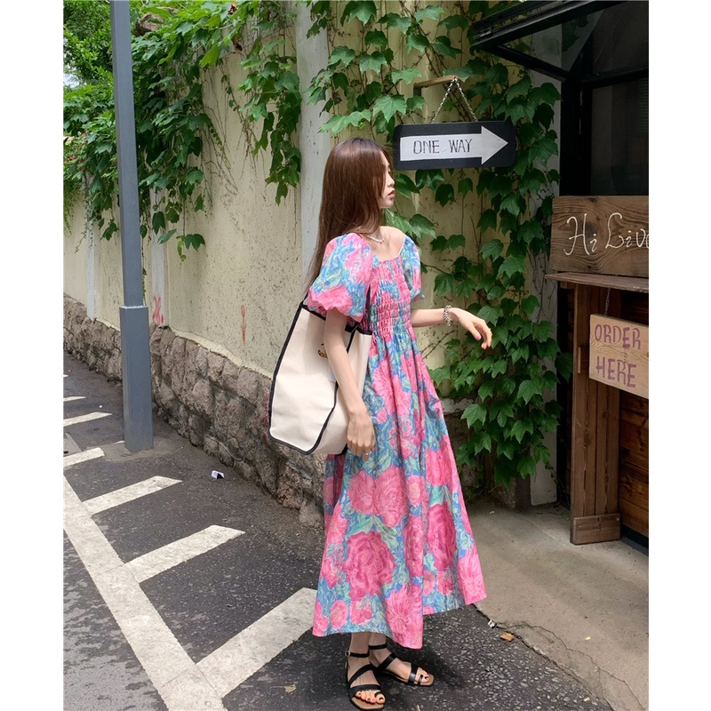 Midi Dress Panjang Rok Sebetis Motif Bunga Pink Kombinasi Lengan Balon Pendek - Dres Gaun Baju Pakai