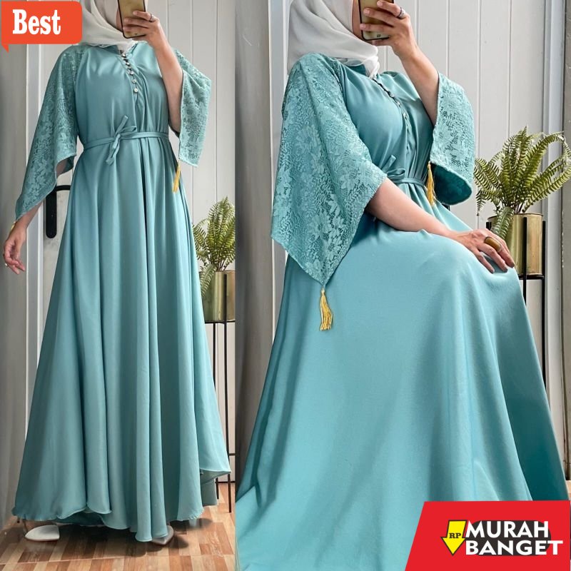 Tren baju lebaran wanita 2023- GAMIS LUNA MAYA DRESS  BAHAN SHAKILA KOMBINASI BRUKAT#LD FREE SAMPAI 