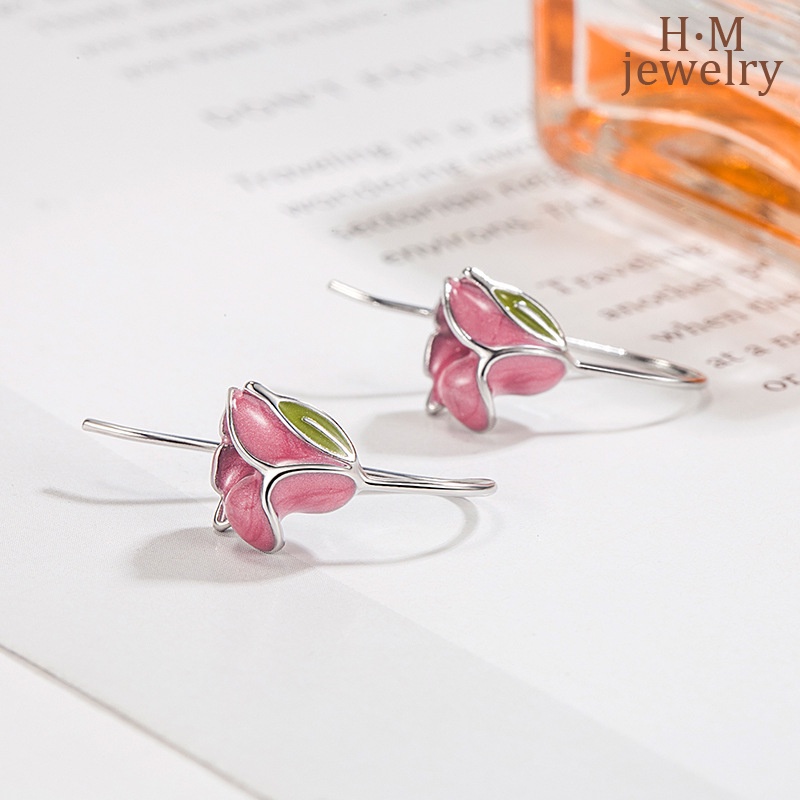 S925 Perak Pink Tulip Anting Elegan 2023-anting Bunga Bermutu Tinggi