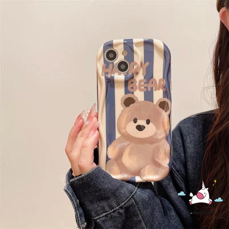 IPHONE 3d Wavy Curved Edge Tpu Soft Airbag Glossy Shockproof Case Kompatibel Untuk Iphone 11 Pro Max 7Plus XR 6s 6 7 8 Plus 14 13 12 Pro Max X XS Max SE 2020 Lucu Kartun Beruang Stripe Cover