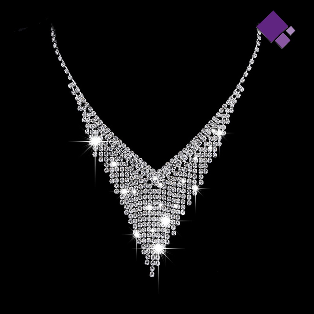 Naiveblue &gt; 1set Set Anting Pengantin Jumbai Berlian Imitasi Perhiasan Keluar Shiny Necklace Earrings