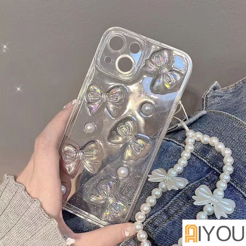 Soft Case 3D Laser Bow Glitter Bening Mewah Untuk iPhone 13 Pro Max12 11 Mini X XS XR 78 Plus SE 2020 Bling Transparan Cover