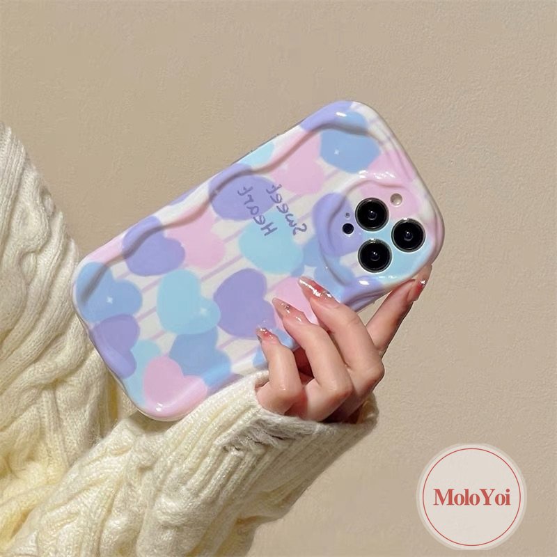 IPHONE Ins Lukisan Cat Minyak Cinta Hati Casing Kompatibel Untuk Iphone11 13 12 14 Pro Max XR 7plus 6s 6 7 8 Plus X XS Max SE 2020 Tpu Lembut Shockproof Airbag Glossy 3D Wavy Curved Edge Case