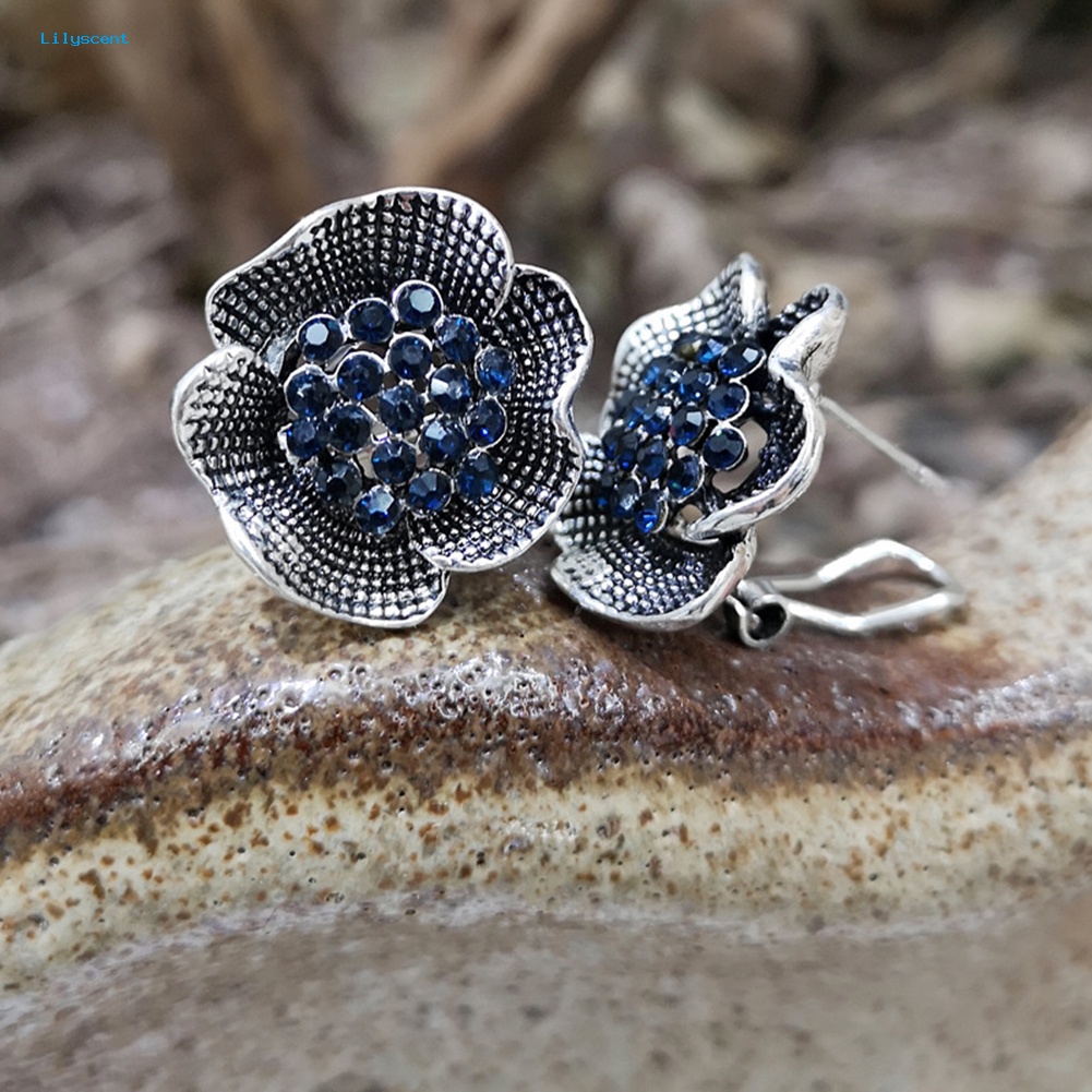 Lilyscent Vintage Wanita Berlian Imitasi Hias Bunga Mawar Bentuk Stud Earrings Perhiasan Hadiah