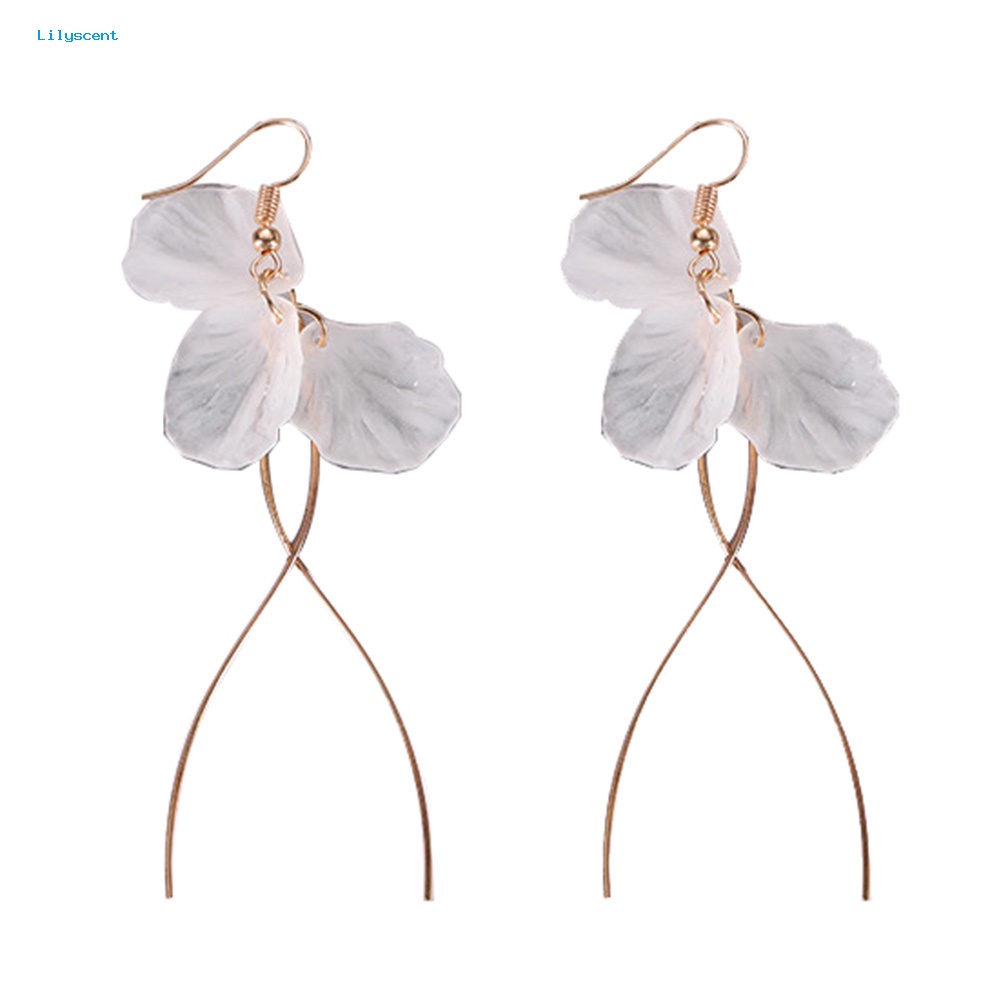 Anting Menjuntai Bentuk Kelopak Lilyscent Untuk Wanita Anting Desain Juntai Panjang Hias