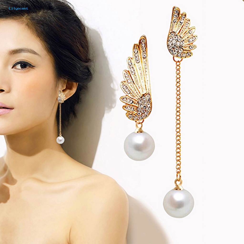 Lilyscent 1pasang Anting Drop Mutiara Imitasi Untuk Belanja Wanita Berlian Imitasi Sayap Menjuntai Anting Eye-catching