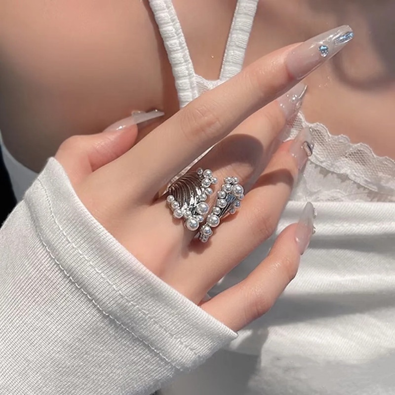 Cincin Pembukaan Tidak Teratur Geometris Mutiara Mode Mewah Ringan Korea Untuk Pria Dan Wanita