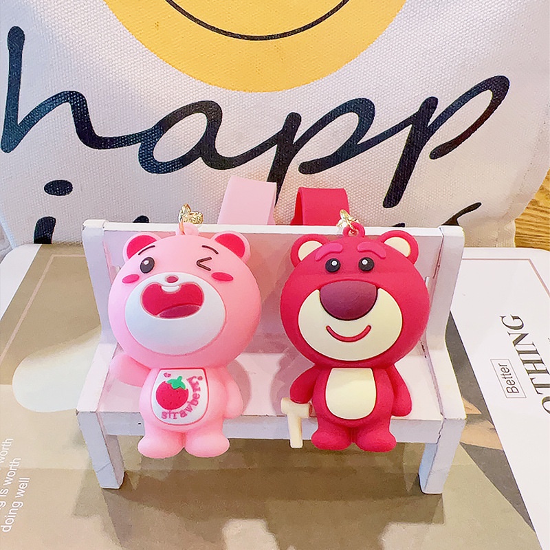 Lucu Indah Pink Strawberry Bear Gantungan Kunci Tas Mobil Liontin Keyring Aksesoris Pasangan Hadiah Kecil