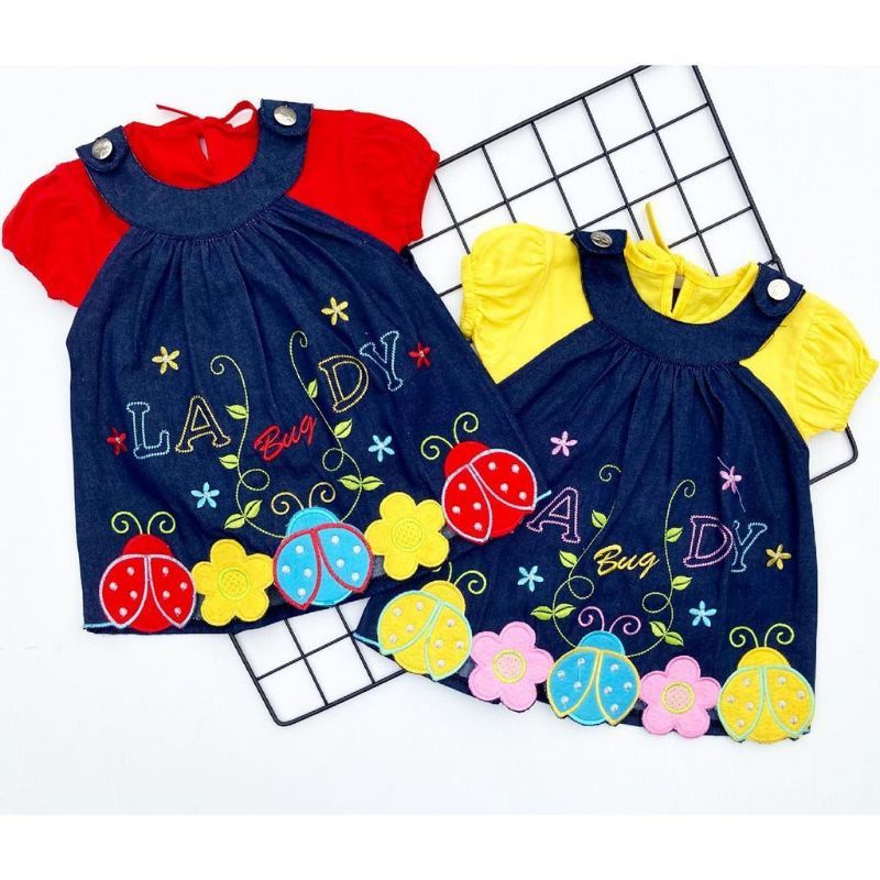Baju Dress Overall LadyBug jeans buat pergi fashion anak cewek perempuan lucu