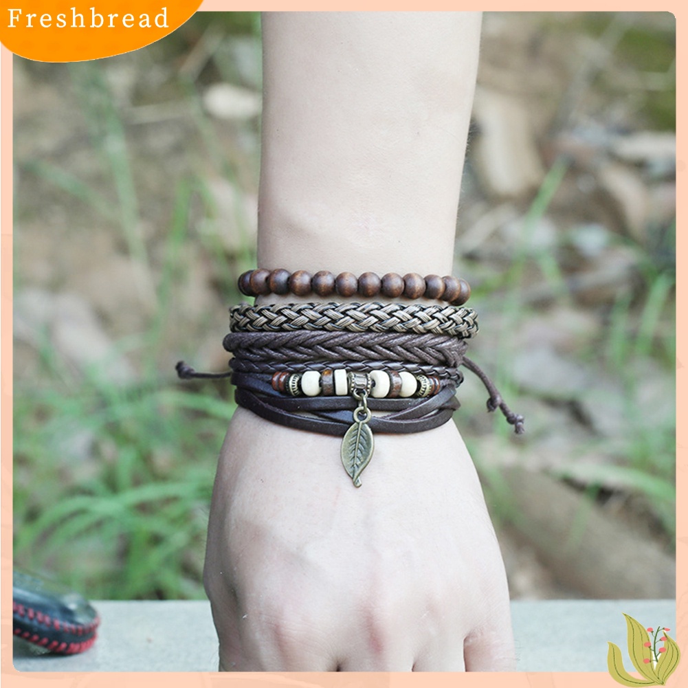 &lt; Freshbread &gt; 4Pcs/Set Pria Kulit Imitasi Daun Liontin Multi-layer Braided Bracelet Wristband