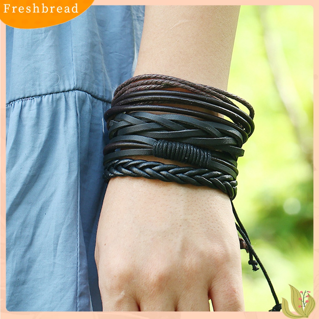 < Freshbread > 4Pcs/Set Multi-layer Kulit Imitasi Dikepang Gelang Tali Linen Adjustable Handmade Unisex Bracelets Perhiasan Aksesoris