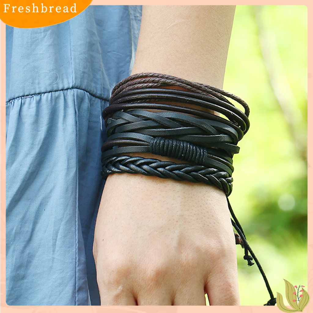 &lt; Freshbread &gt; 4Pcs/Set Multi-layer Kulit Imitasi Dikepang Gelang Tali Linen Adjustable Handmade Unisex Bracelets Perhiasan Aksesoris