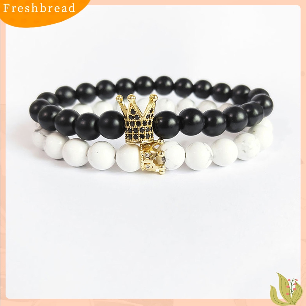 &lt; Freshbread &gt; 2Pcs Unisex Mahkota Pesona Batu Alam Manik-Manik Elastis Gelang Bangle Set Perhiasan