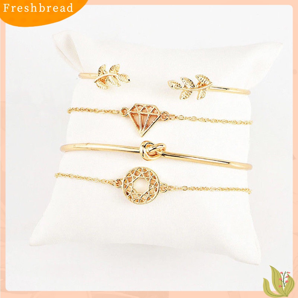 &lt; Freshbread &gt; 4Pcs/Set Boho Wanita Daun Simpul Berongga Kristal Terbuka Bangle Gelang Perhiasan Decor