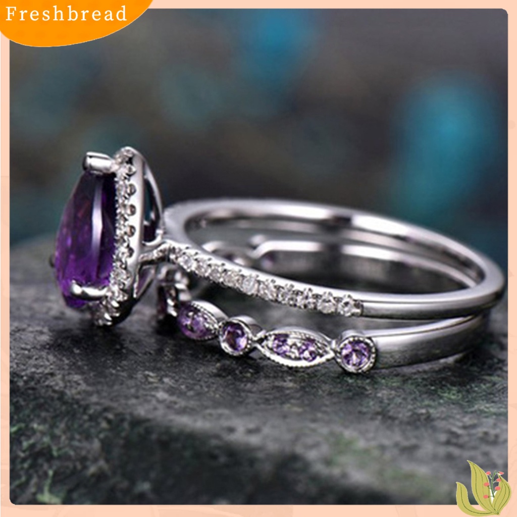 &lt; Freshbread &gt; 2 Pcs Wanita Cincin Mewah Ungu Berlian Imitasi Mengkilap Penuh Berlian Imitasi Bertatahkan Berkilau Hias Hadiah Wanita Lamaran Cincin Perhiasan Pernikahan Aksesori Busana