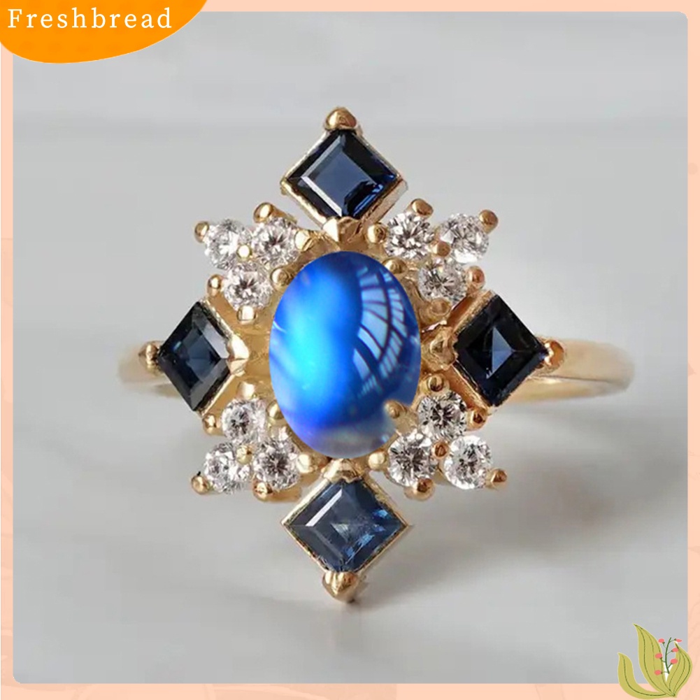 &lt; Freshbread &gt; Faux Moonstone Square Berlian Imitasi Wanita Jari Cincin Pesta Pertunangan Perhiasan Hadiah