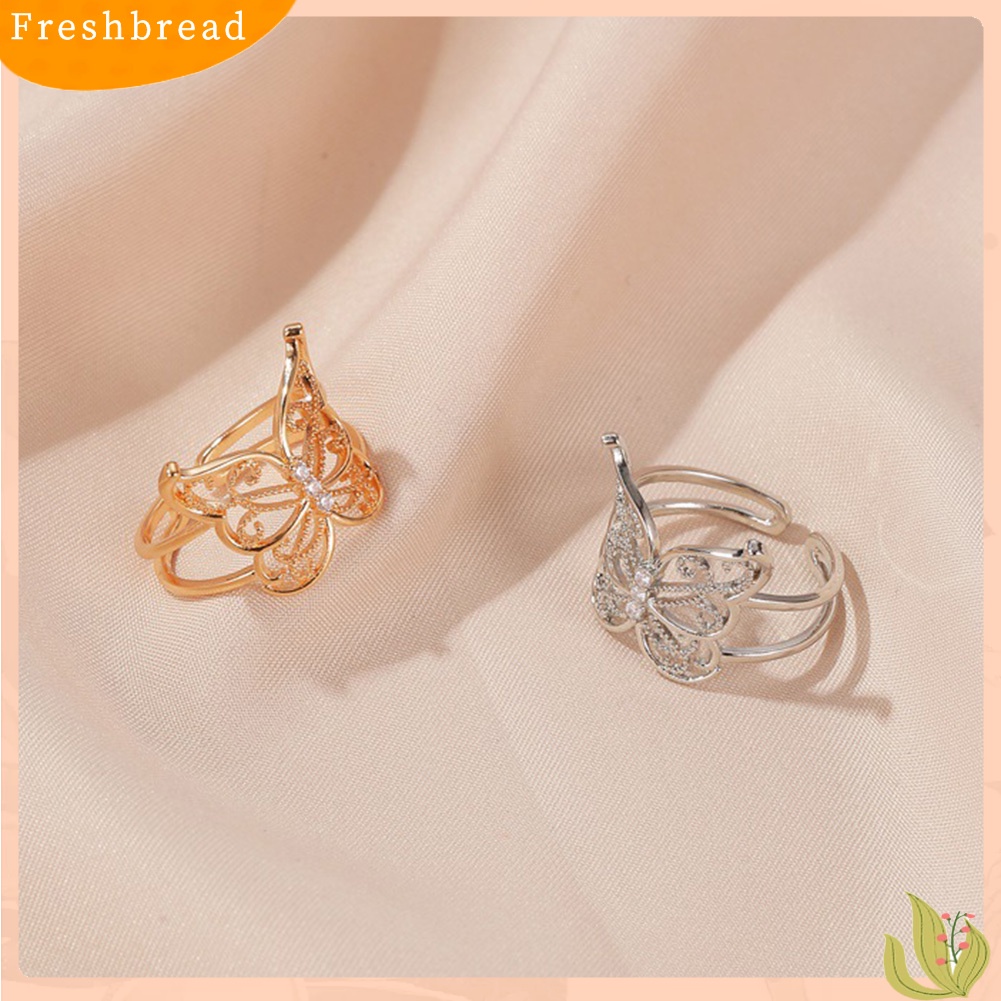 < Freshbread > Fashion Wanita Berongga Kupu-Kupu Berlian Imitasi Pembukaan Lebar Jari Cincin Perhiasan Pesta